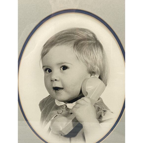 Antique Baby Telephone Photo | 1920s Black White Framed Photography Nursery Art - Picture 2 of 12
